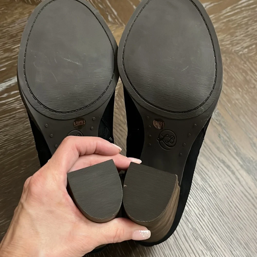 Lucky brand Lamija black leather peep toe heeled ankle booties Size 9.5